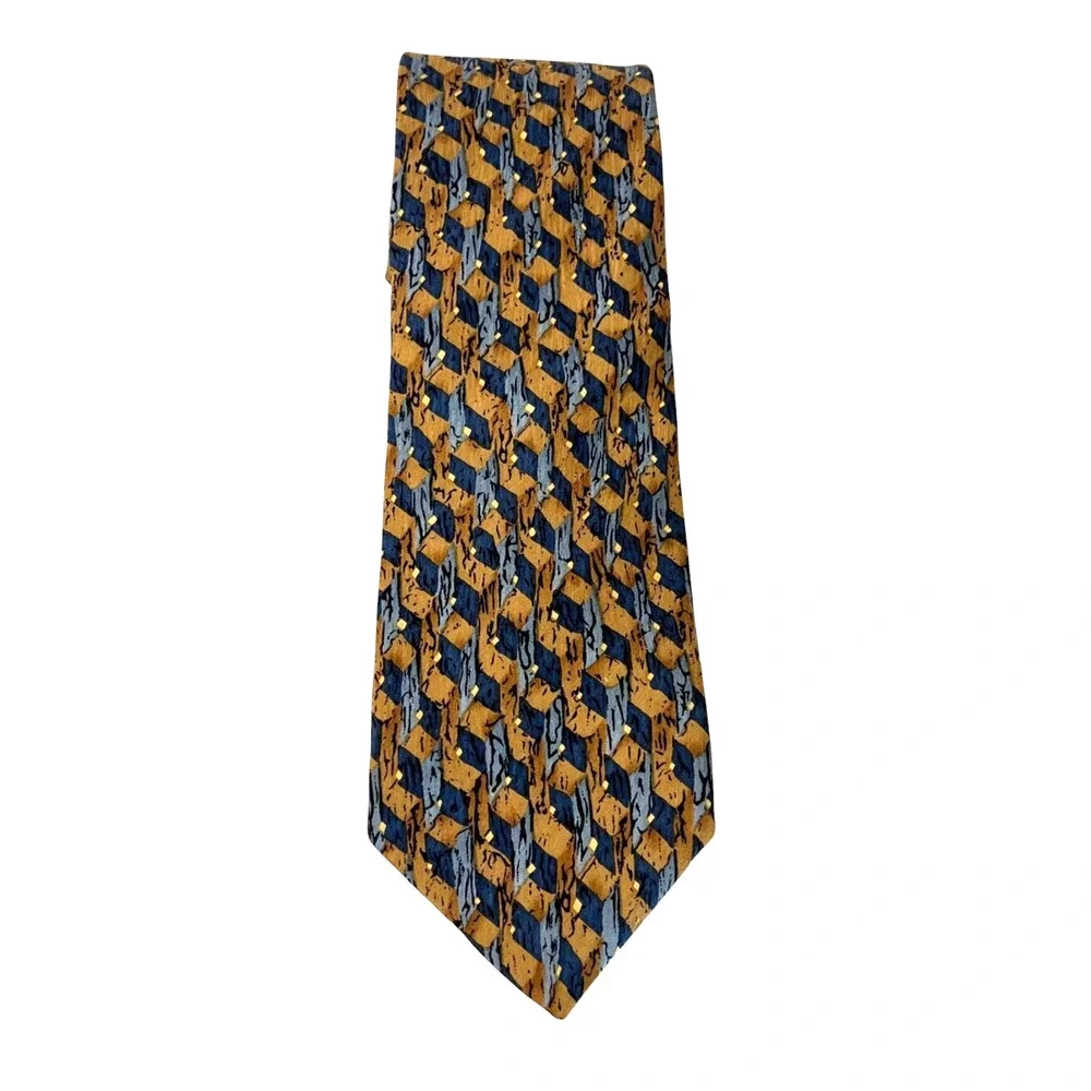 Vintage Cocktail Collection Novelty Label Mens Silk Tie 1990 Blue Gold Geometric